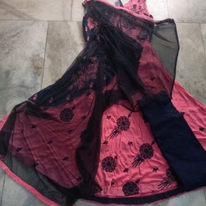 Readymade Pink And Navy Blue Anarkali Set with Pajama And Dupatta