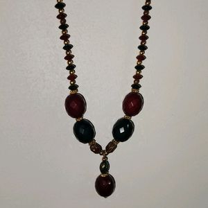 Crystal Maroon Green Pearl & Jaipuri Long Neckace