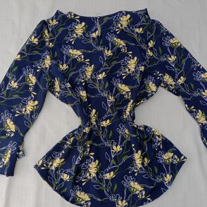 New Korean Ruffled Neck Navy Blue Blouse