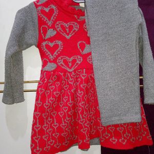 1-2 Yr Grey&Red Colour Woolen Frockset.