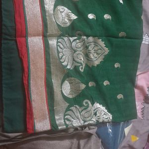 Green Colour Saree With Golden Border