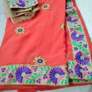 Coral Peace Embroidered Saree With Blouse Piece