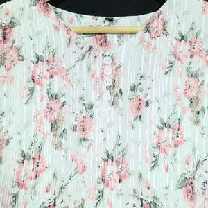 Women White and Pink Floral Printed Top | Bust 40