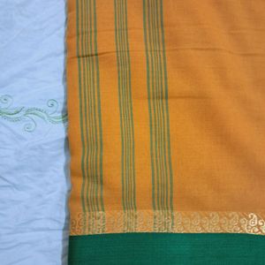 Orange Beautiful Saree - Golden Print Green Strip