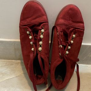 Maroon Velvet With Pearl Design Shoes