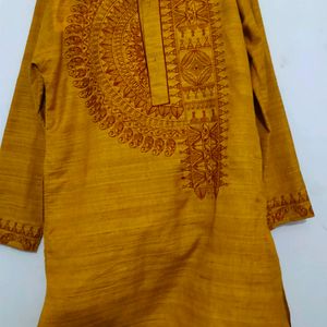 Mustard Coloured Embroidery Kurta With Red Pajama