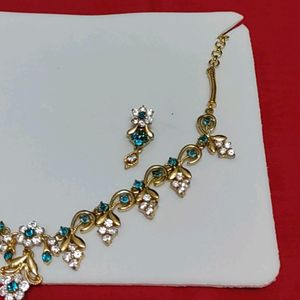 Light Blue Stone Gold Plated Necklace With Earring