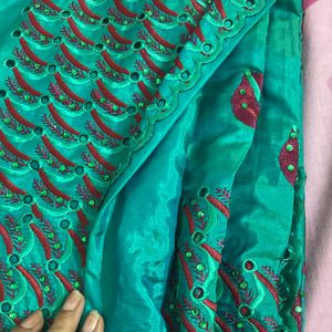 New Green Scallop Work Saree For Grabs