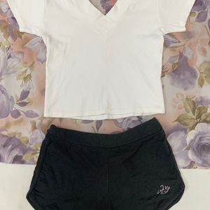 White Crop V neck Top & black Polo shorts (combo)