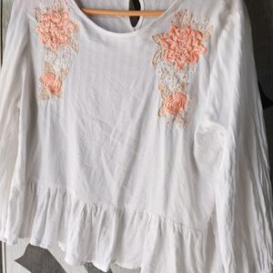 White Round Neck Top With Peach Embroidery