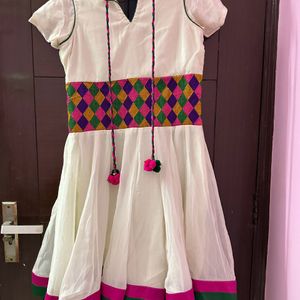 White Gher Dress Kurti With Colourful Border And Dori