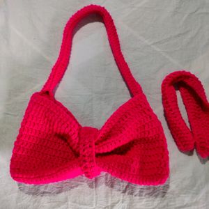 Hand Made Crochet Beautiful Bow Bag Bright Pink