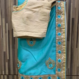 Cyan Cream Wedding Saree