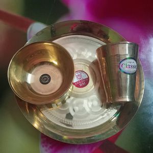 Brand New Brass Plate, Glass, And Bowl Set