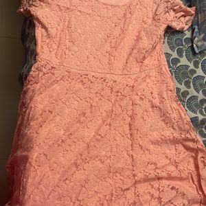 Knee Length Net Bright Peach Dress With Brown Belt