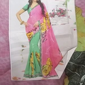 Pink And Green Printed Saree