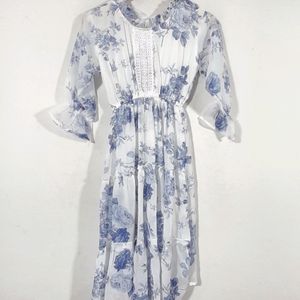 White & Blue Floral Printed Dress(women's)