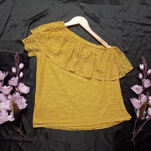 One Shoulder Lace work Mustard Top