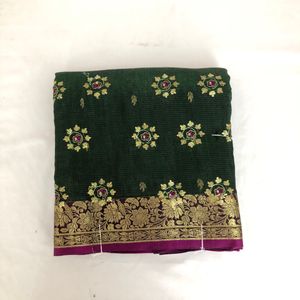 Dark Green Embroidered Saree