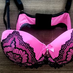 Neon Pink With Black Net Bra For Women.