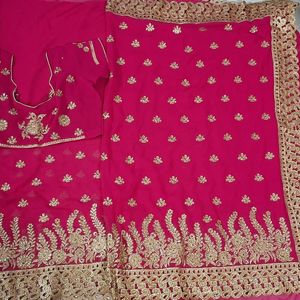 Rani Pink Saree Golden Border Stitched Blouse Part