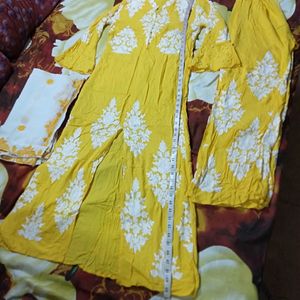 Front Cut Yellow Kurta Palazzo With Dupatta