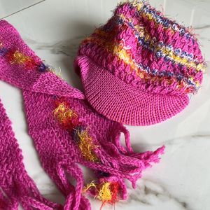 Pink Woollen Cap And Scarf Set