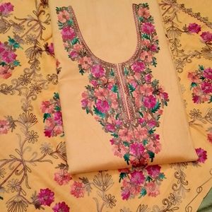 Kashmiri Aari Work  Dress Material Yellow