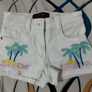 Embroidered White Denim Shorts