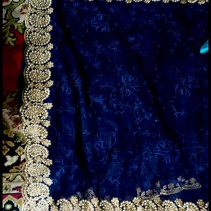 Navy Blue Saree With Pearl And Thread Work Border