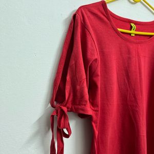 Red Regular Top With Tie-Up Sleeves