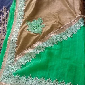 Green Chiffon Saree Pearl  With Stiched Blouse