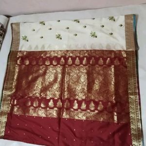 Maroon With Off White Combination Saree