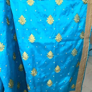 Cyan Blue  Zari Embroidery Saree  With Stone Work