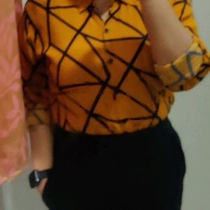 Mustard With Dark Blue Abstract Print Shirt.