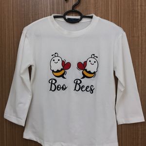 Boo Bees Print White T-shirt With Long Sleeves For Women