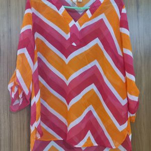 Tecera Orange & Pink V Neck Top