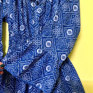 Bandhni Printed Royal Blue Full Sleeve Short Dress