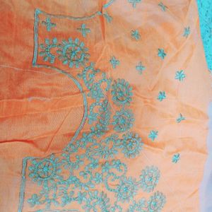 Net Embroidered Orange Saree