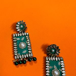 Fancy Fabric Earrings Colour Green Party Wear Earr