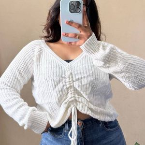 White Knit Drawstring Pullover