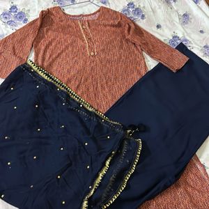 Red Coloured Kurti With Navy Blue Plazzo & Dupatta