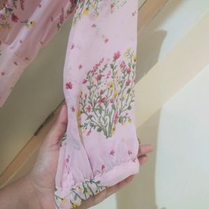 Beautiful Floral Pink Long Kurtha With Frill