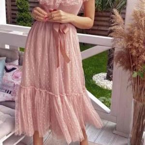 V-Neck Mesh Polka Dot Tulle Backless Pink Ruffle S