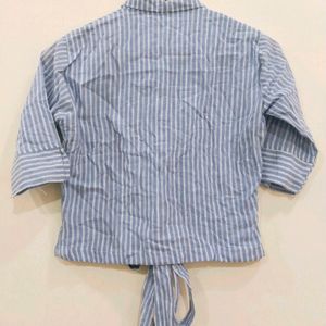 Blue White Striped Shirt Style Cotton Crop Top M