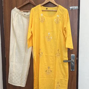 Hand Embroidery Yellow Kurta With Palazzo