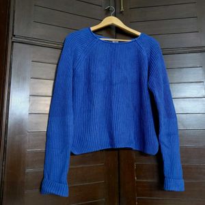 Women Blue Oversized Knited Rib Cotton Sweater