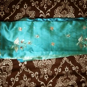 Teal Blue Colour Saree With Embroidery Flowers