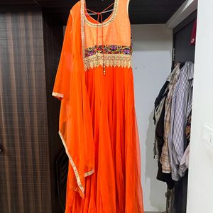 Orange Traditional Gown With Dupatta