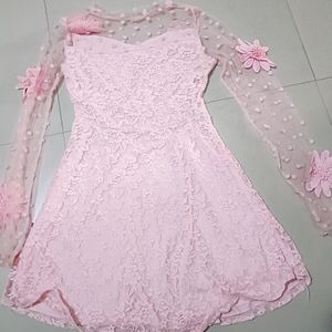 Pink Flower Flared One Piece Dress